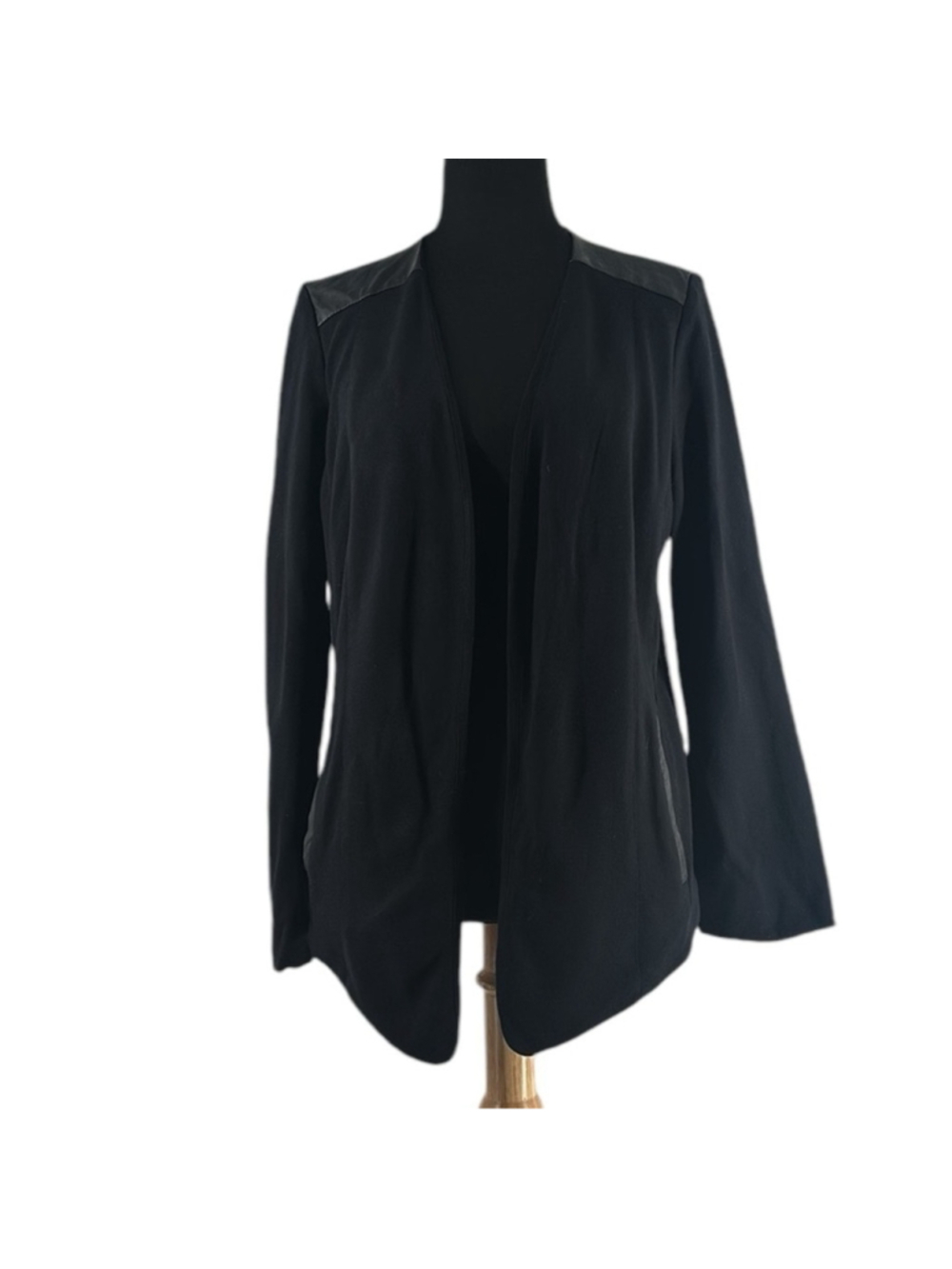 Eileen Fisher blazer open front black faux leather accents business casual sz m